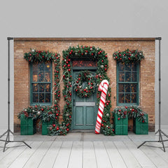 Aperturee - Aperturee Christmas Storefront Backdrop Brick Wall with Giant Candy Cane Green Door Wreaths Holiday Photo Props