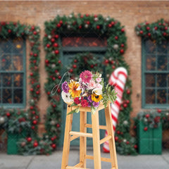 Aperturee - Aperturee Christmas Storefront Backdrop Brick Wall with Giant Candy Cane Green Door Wreaths Holiday Photo Props