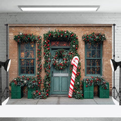 Aperturee - Aperturee Christmas Storefront Backdrop Brick Wall with Giant Candy Cane Green Door Wreaths Holiday Photo Props