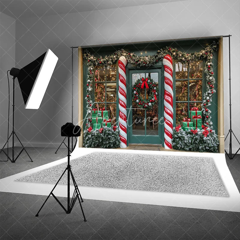 Aperturee - Aperturee Christmas Storefront Backdrop Candy Cane Wreath Shop Window Background Winter Snow Toy Store Holiday Party Decoration