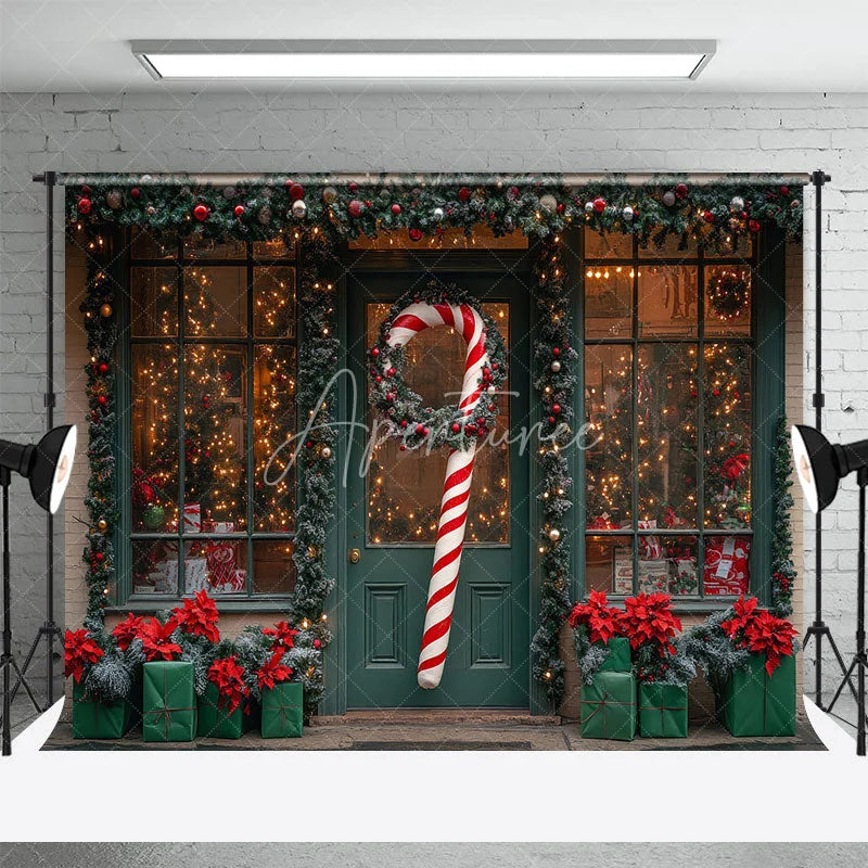 Aperturee - Aperturee Christmas Storefront Backdrop Holiday Window Display Candy Cane Wreath Toy Shop Photo Props