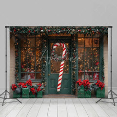 Aperturee - Aperturee Christmas Storefront Backdrop Holiday Window Display Candy Cane Wreath Toy Shop Photo Props