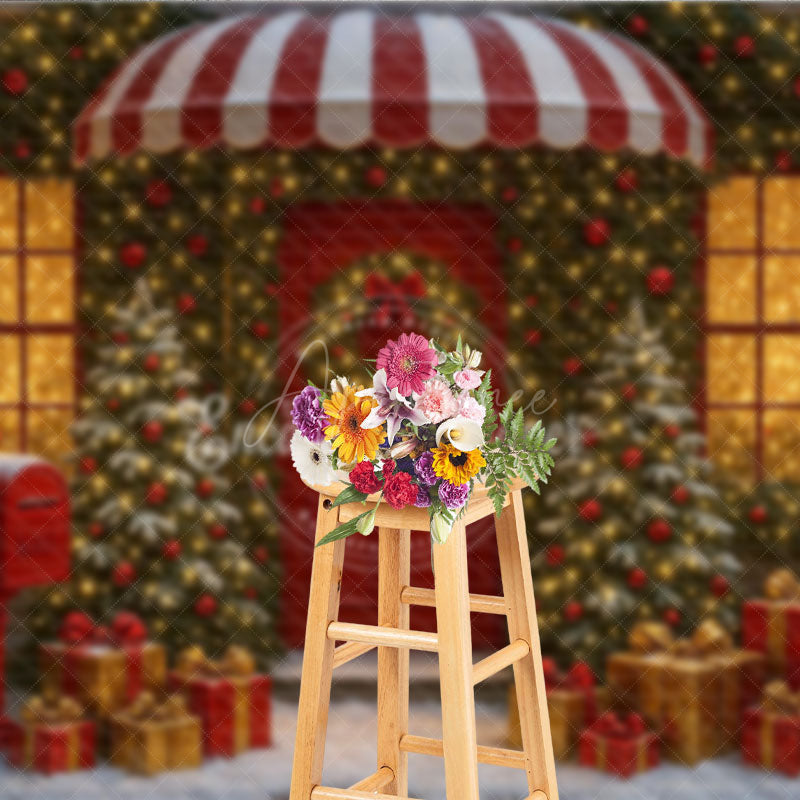 Aperturee - Aperturee Christmas Storefront Photography Backdrop Festive Red Door with Fairy Lights Snowy Holiday Photo Background