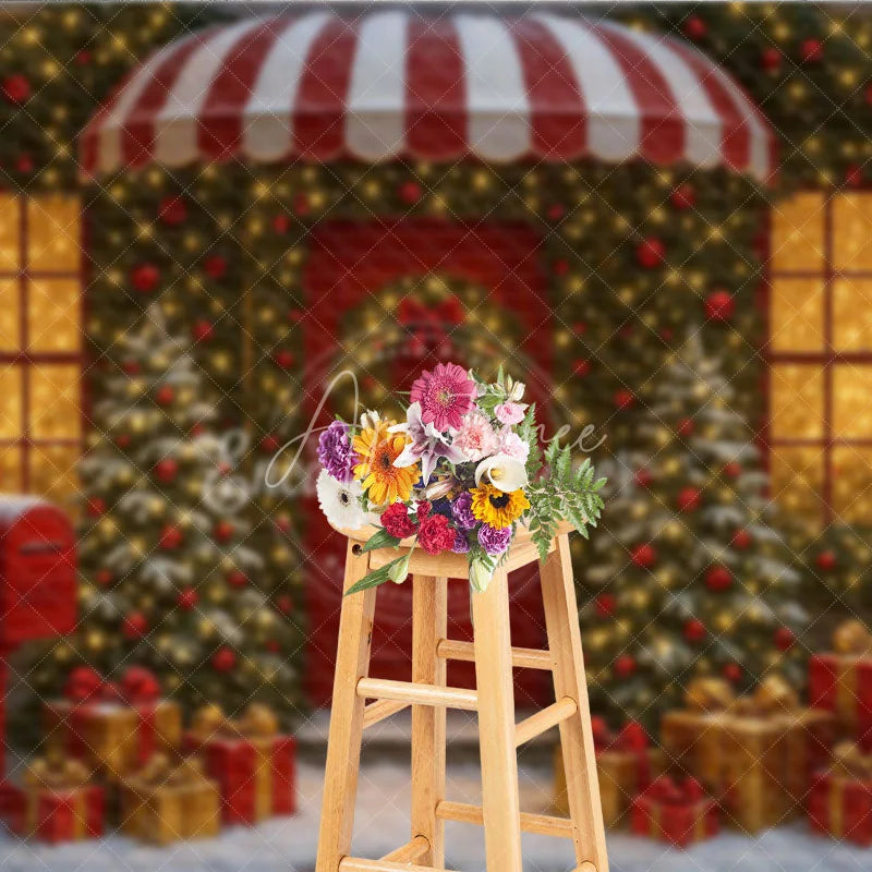 Aperturee - Aperturee Christmas Storefront Photography Backdrop Festive Red Door with Fairy Lights Snowy Holiday Photo Background