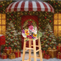 Aperturee - Aperturee Christmas Storefront Photography Backdrop Festive Red Door with Fairy Lights Snowy Holiday Photo Background