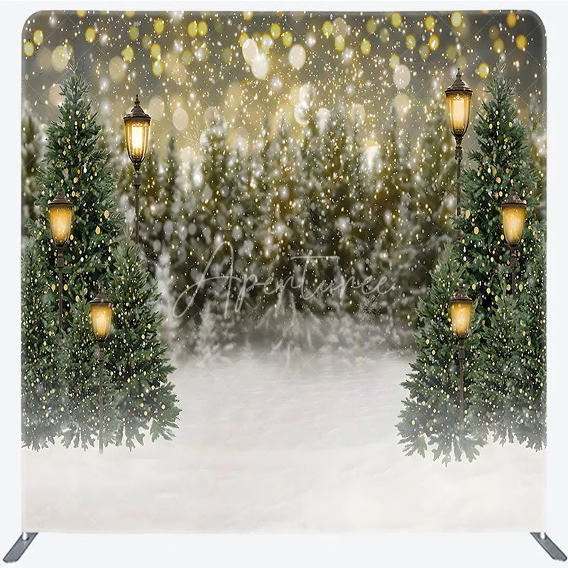 Aperturee - Aperturee Christmas Street Lamp Tension Fabric Backdrop Winter Night Snow Bokeh Background Holiday Pine Tree Decoration