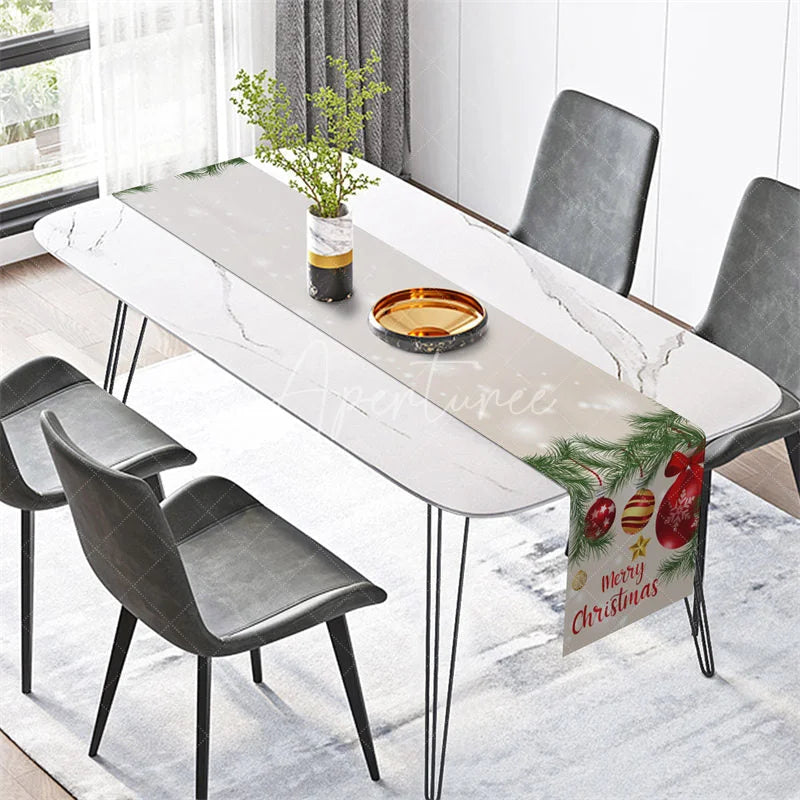 Aperturee - Aperturee Christmas Table Runner Beige Runner with Red Ornaments Merry Christmas Holiday Table Decor