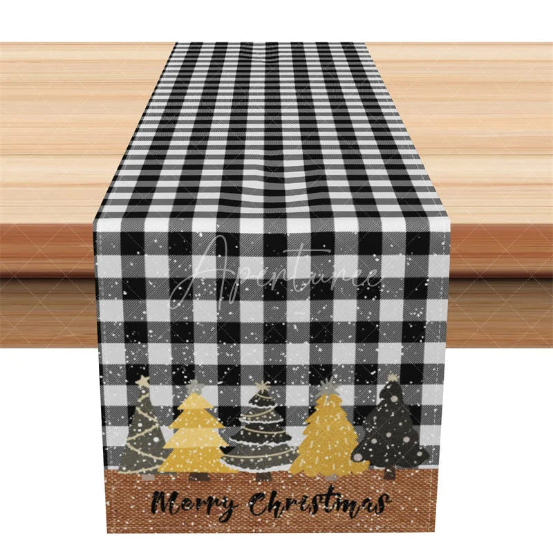 Aperturee - Aperturee Christmas Table Runner Black and White Buffalo Plaid Gold Trees Farmhouse Holiday Table Decor