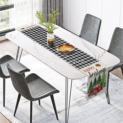 Aperturee - Aperturee Christmas Table Runner Black and White Buffalo Plaid Red Truck Pine Trees Farmhouse Table Decor