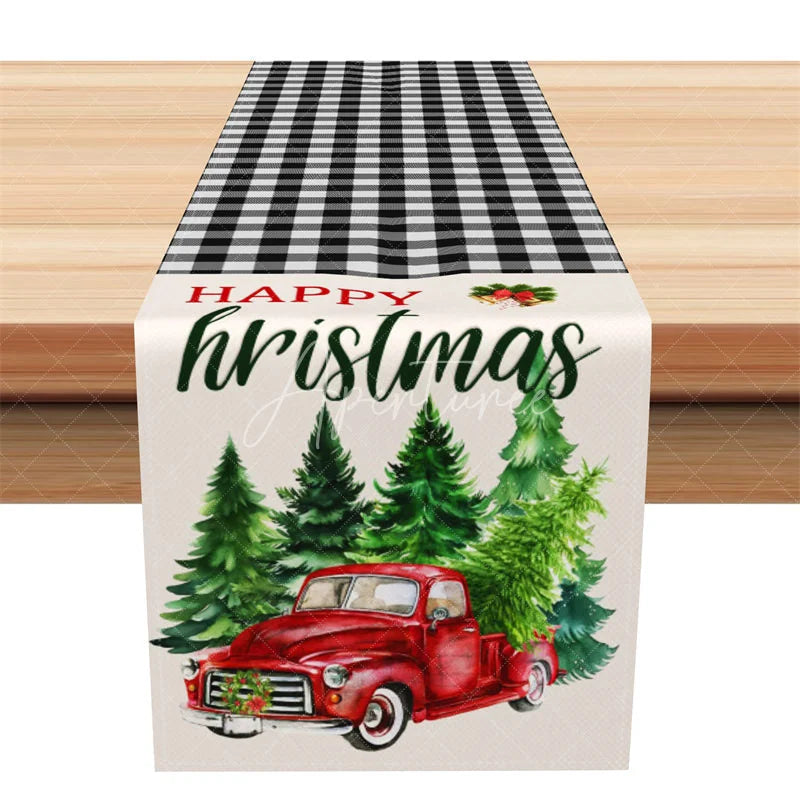 Aperturee - Aperturee Christmas Table Runner Black and White Buffalo Plaid Red Truck Pine Trees Farmhouse Table Decor