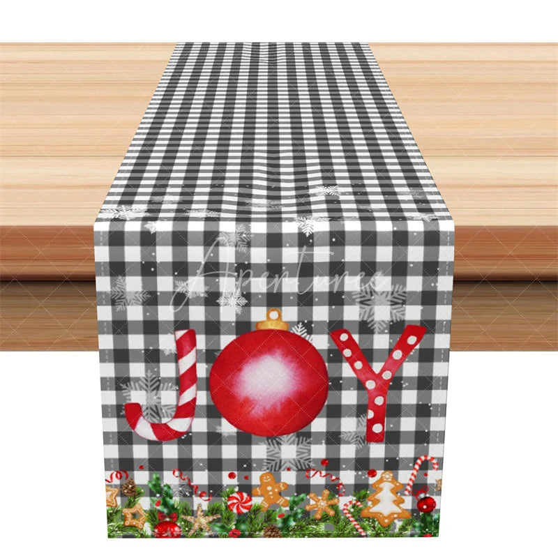 Aperturee - Aperturee Christmas Table Runner Black and White Gingham Check Joy Red Ornament Farmhouse Holiday Table Decor