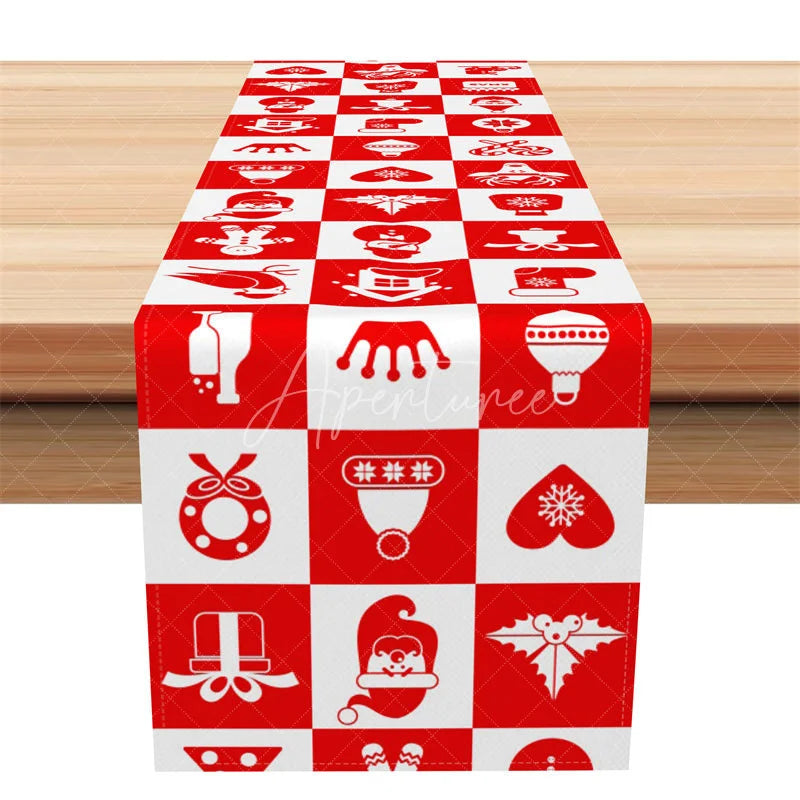 Aperturee - Aperturee Christmas Table Runner Red and White Checkered Icon Pattern Santa Snowflake Holiday Table Decor