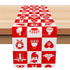 Aperturee - Aperturee Christmas Table Runner Red and White Checkered Icon Pattern Santa Snowflake Holiday Table Decor