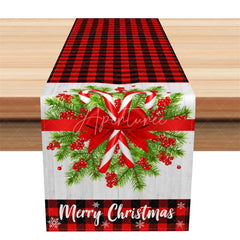 Aperturee - Aperturee Christmas Table Runner Red Buffalo Plaid Check Merry Christmas Bow Farmhouse Holiday Table Decor