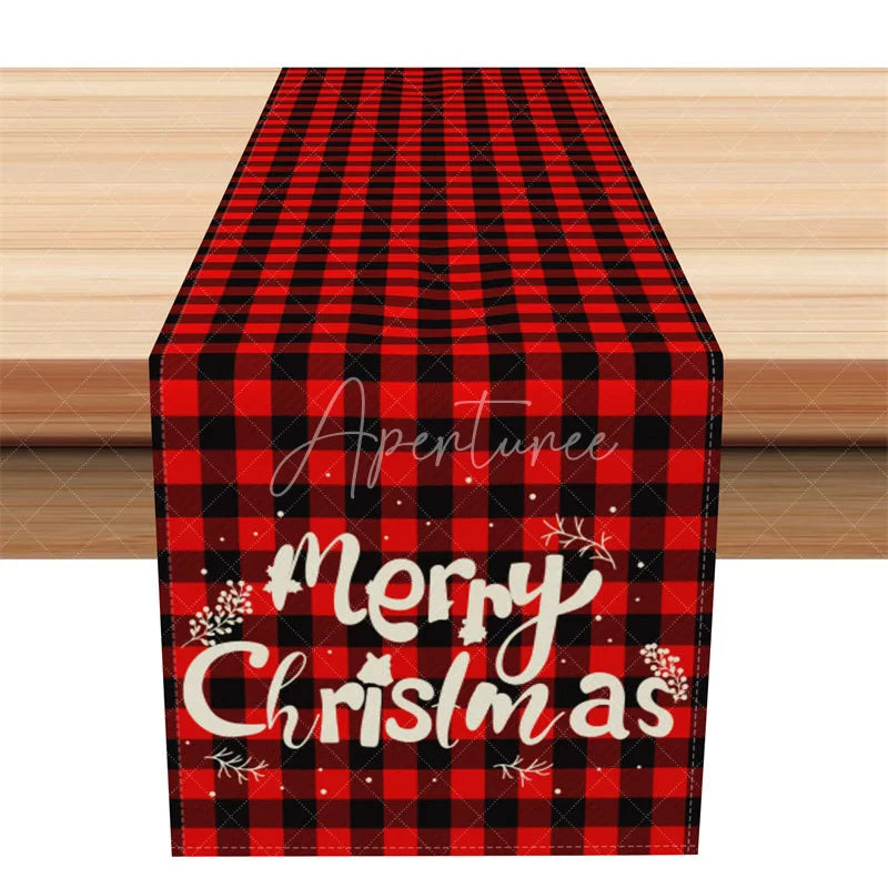 Aperturee - Aperturee Christmas Table Runner Red Buffalo Plaid Check Merry Christmas Script Farmhouse Holiday Table Decor