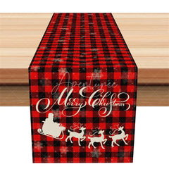 Aperturee - Aperturee Christmas Table Runner Red Buffalo Plaid with Santa Sleigh Reindeer Silhouette Holiday Table Decor