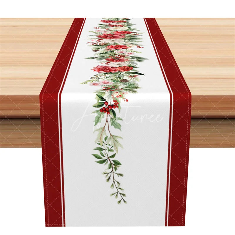 Aperturee - Aperturee Christmas Table Runner White with Poinsettia Garland Red Border Elegant Holiday Table Decor