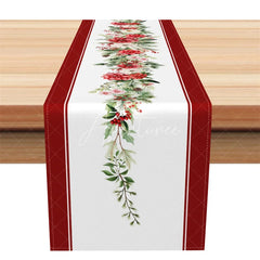 Aperturee - Aperturee Christmas Table Runner White with Poinsettia Garland Red Border Elegant Holiday Table Decor