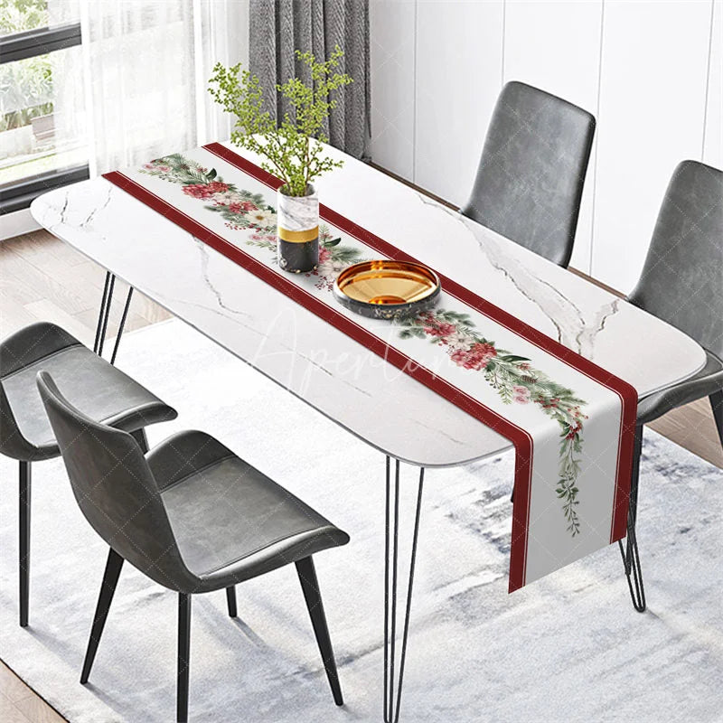 Aperturee - Aperturee Christmas Table Runner White with Poinsettia Garland Red Border Elegant Holiday Table Decor