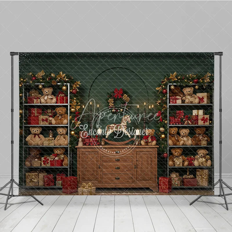 Aperturee - Aperturee Christmas Teddy Bear Toy Shop Photography Backdrop Vintage Cabinet with Garland Holiday Mini Session Background