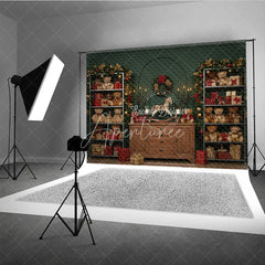 Aperturee - Aperturee Christmas Teddy Bear Toy Shop Photography Backdrop Vintage Cabinet with Garland Holiday Mini Session Background