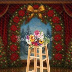 Aperturee - Aperturee Christmas Theater Stage Photography Backdrop Red Curtains with Poinsettia Wreath Holiday Performance Background