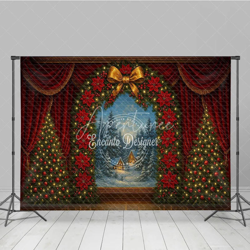Aperturee - Aperturee Christmas Theater Stage Photography Backdrop Red Curtains with Poinsettia Wreath Holiday Performance Background