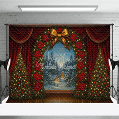 Aperturee - Aperturee Christmas Theater Stage Photography Backdrop Red Curtains with Poinsettia Wreath Holiday Performance Background