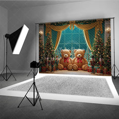 Aperturee - Aperturee Christmas Toy Room Photo Booth Backdrop Giant Teddy Bears and Nutcrackers Snowy Window Holiday Background