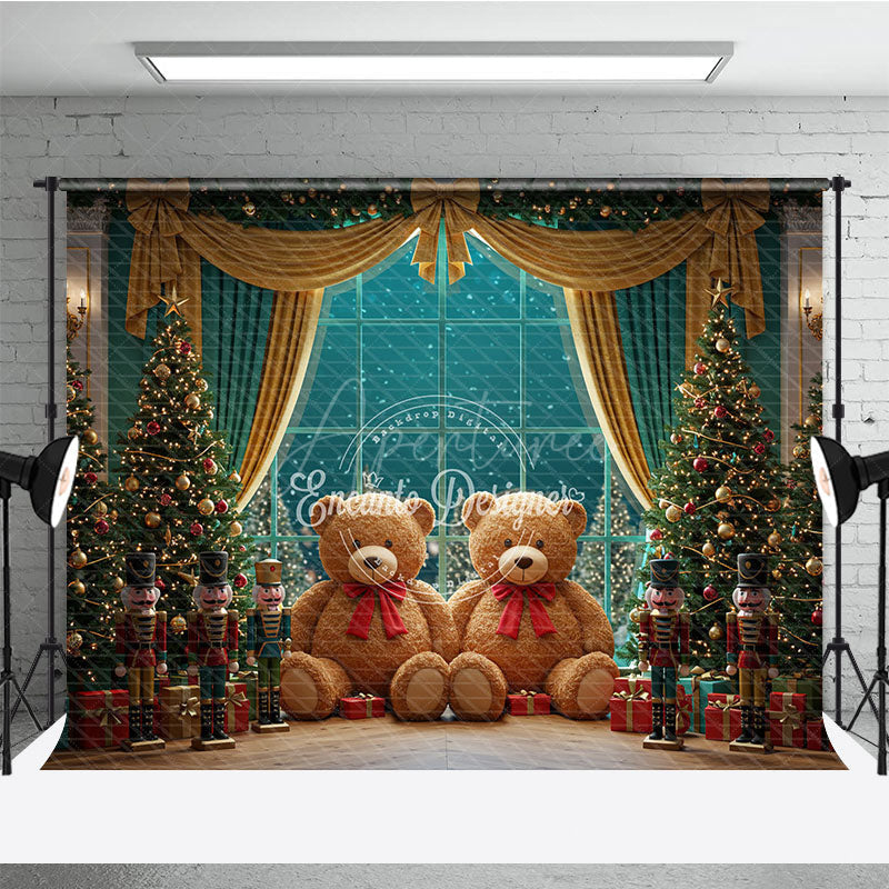 Aperturee - Aperturee Christmas Toy Room Photo Booth Backdrop Giant Teddy Bears and Nutcrackers Snowy Window Holiday Background