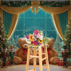 Aperturee - Aperturee Christmas Toy Room Photo Booth Backdrop Giant Teddy Bears and Nutcrackers Snowy Window Holiday Background
