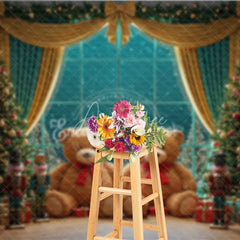 Aperturee - Aperturee Christmas Toy Room Photo Booth Backdrop Giant Teddy Bears and Nutcrackers Snowy Window Holiday Background