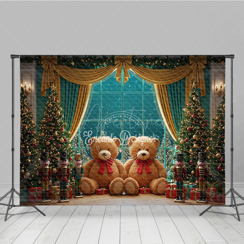 Aperturee - Aperturee Christmas Toy Room Photo Booth Backdrop Giant Teddy Bears and Nutcrackers Snowy Window Holiday Background
