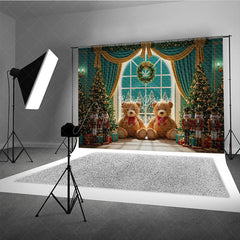 Aperturee - Aperturee Christmas Toy Room Photography Backdrop Giant Teddy Bears and Nutcrackers Snowy Window Holiday Background