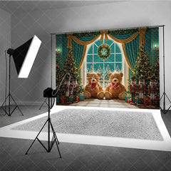 Aperturee - Aperturee Christmas Toy Room Photography Backdrop Giant Teddy Bears and Nutcrackers Snowy Window Holiday Background