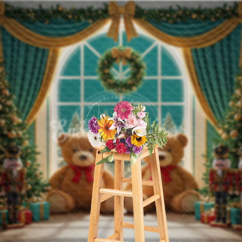 Aperturee - Aperturee Christmas Toy Room Photography Backdrop Giant Teddy Bears and Nutcrackers Snowy Window Holiday Background