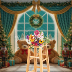 Aperturee - Aperturee Christmas Toy Room Photography Backdrop Giant Teddy Bears and Nutcrackers Snowy Window Holiday Background