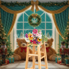 Aperturee - Aperturee Christmas Toy Room Photography Backdrop Giant Teddy Bears and Nutcrackers Snowy Window Holiday Background