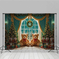 Aperturee - Aperturee Christmas Toy Room Photography Backdrop Giant Teddy Bears and Nutcrackers Snowy Window Holiday Background