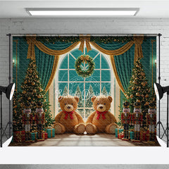 Aperturee - Aperturee Christmas Toy Room Photography Backdrop Giant Teddy Bears and Nutcrackers Snowy Window Holiday Background
