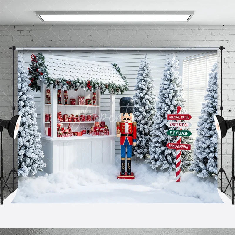 Aperturee - Aperturee Christmas Toy Shop Backdrop Nutcracker Soldier Photography Background Winter Snow Santa Workshop Holiday Party