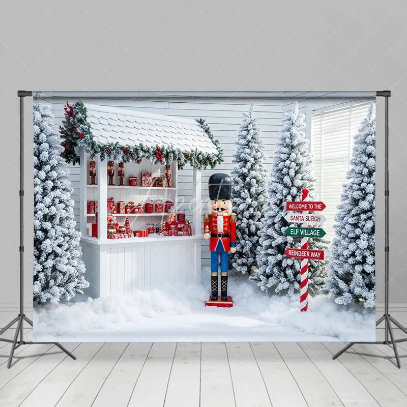 Aperturee - Aperturee Christmas Toy Shop Backdrop Nutcracker Soldier Photography Background Winter Snow Santa Workshop Holiday Party