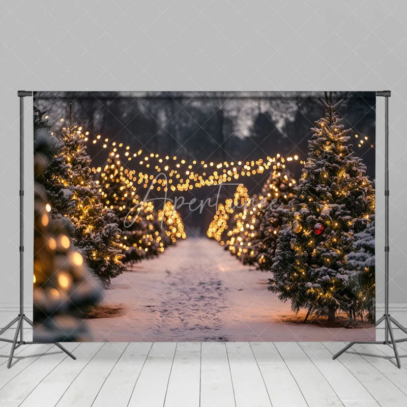 Aperturee - Aperturee Christmas Tree Farm Backdrop Winter Snow String Lights Photography Background Night Outdoor Forest Holiday Party