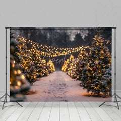 Aperturee - Aperturee Christmas Tree Farm Backdrop Winter Snow String Lights Photography Background Night Outdoor Forest Holiday Party