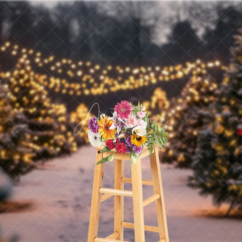 Aperturee - Aperturee Christmas Tree Farm Backdrop Winter Snow String Lights Photography Background Night Outdoor Forest Holiday Party