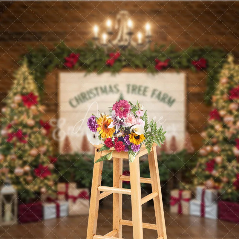 Aperturee - Aperturee Christmas Tree Farm Photography Backdrop Rustic Wood Sign with Poinsettia Farmhouse Holiday Background