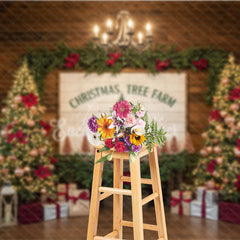 Aperturee - Aperturee Christmas Tree Farm Photography Backdrop Rustic Wood Sign with Poinsettia Farmhouse Holiday Background