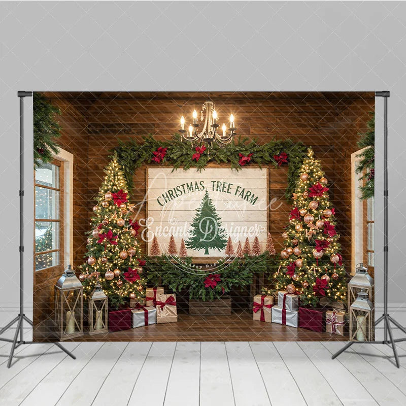 Aperturee - Aperturee Christmas Tree Farm Photography Backdrop Rustic Wood Sign with Poinsettia Farmhouse Holiday Background