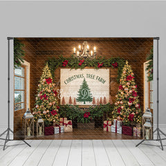 Aperturee - Aperturee Christmas Tree Farm Photography Backdrop Rustic Wood Sign with Poinsettia Farmhouse Holiday Background