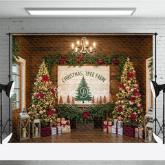 Aperturee - Aperturee Christmas Tree Farm Photography Backdrop Rustic Wood Sign with Poinsettia Farmhouse Holiday Background